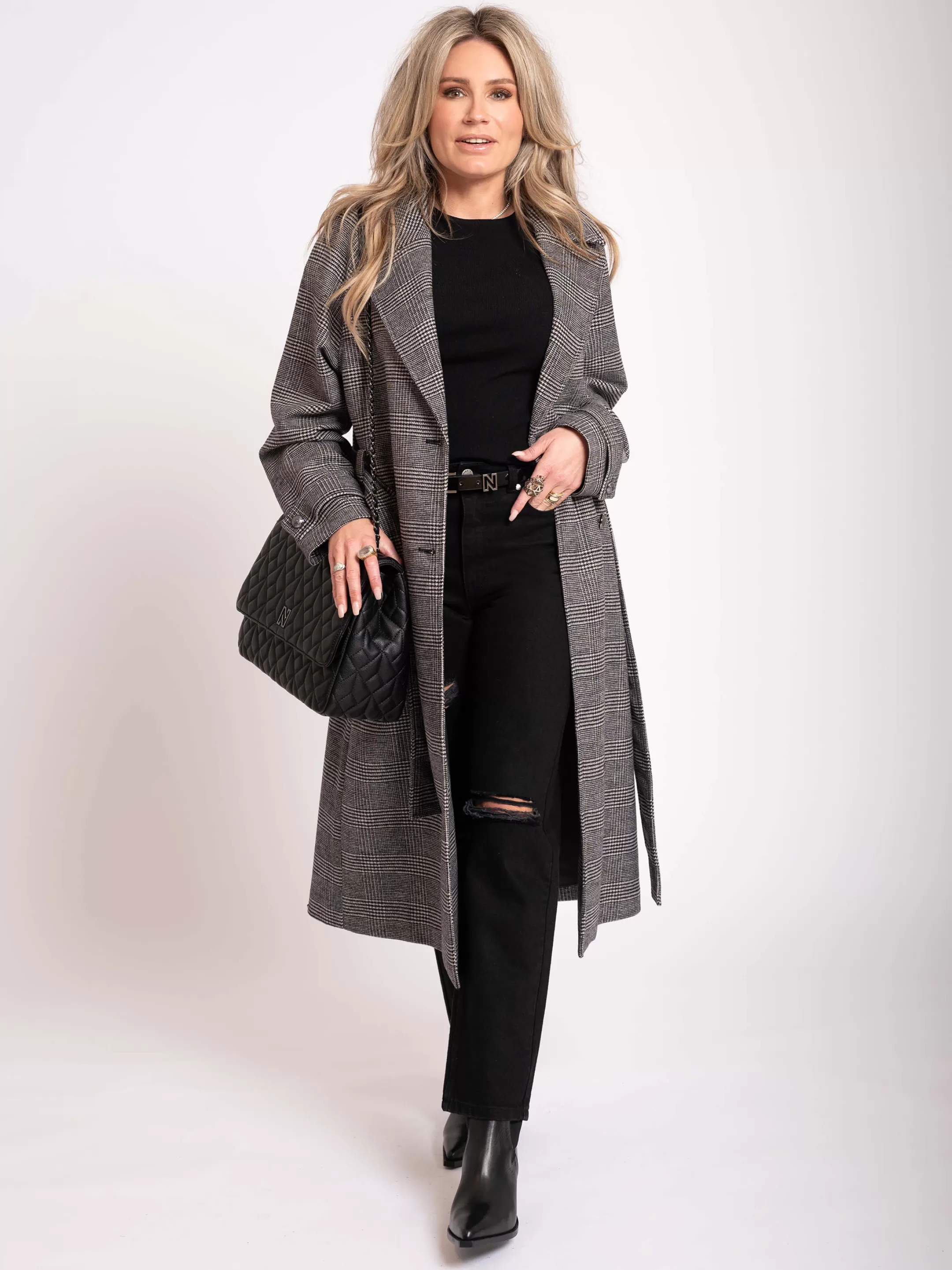 Shop NIKKIE Checkered coat with tie belt Graphite