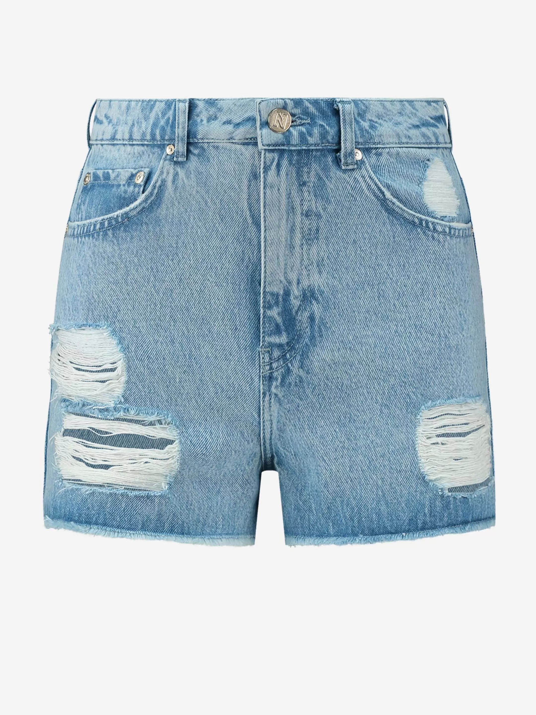 Shop NIKKIE Destroyed High rise shorts Denim