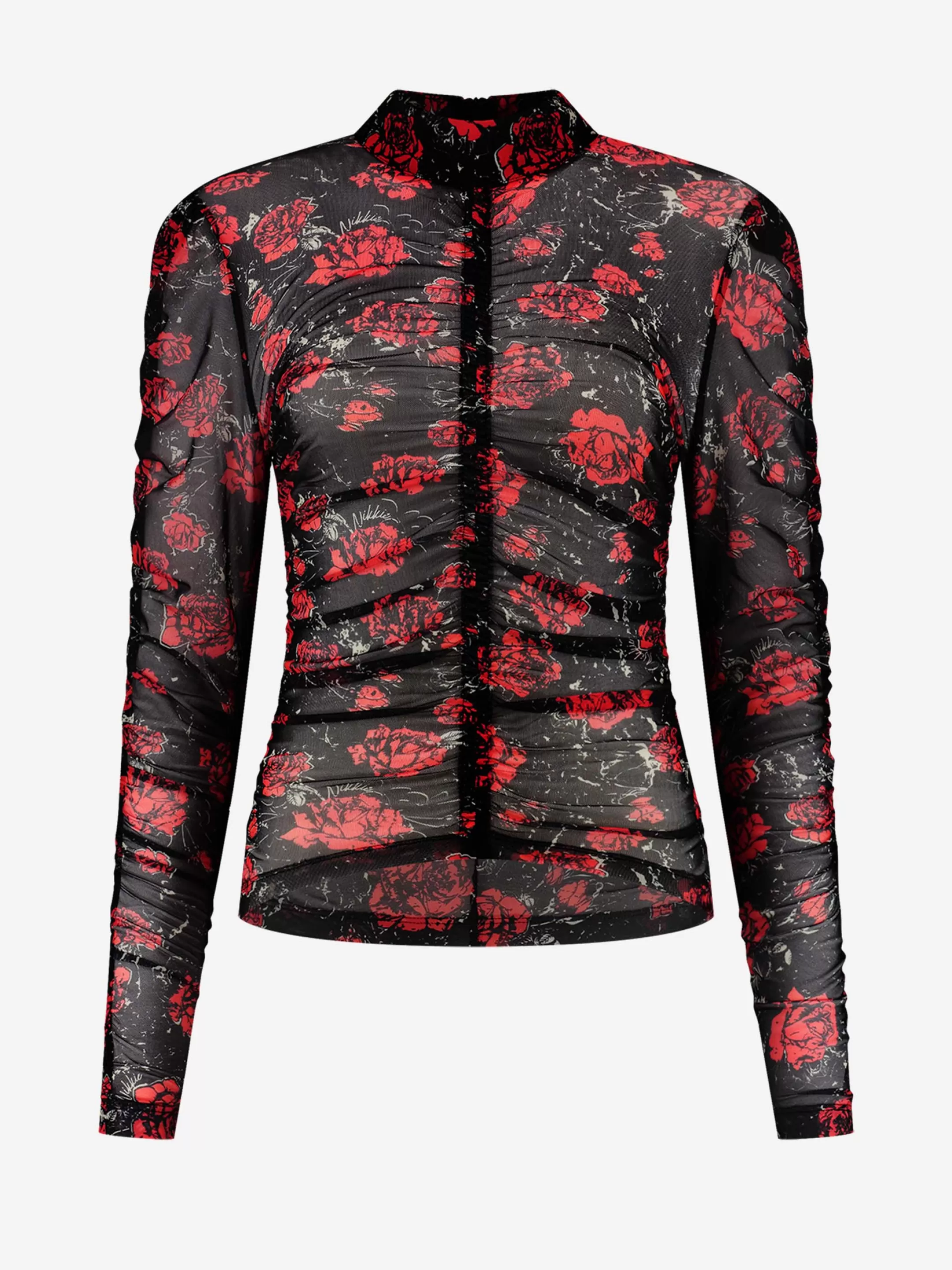 Outlet NIKKIE Draped Rose mesh top Black/Kiss