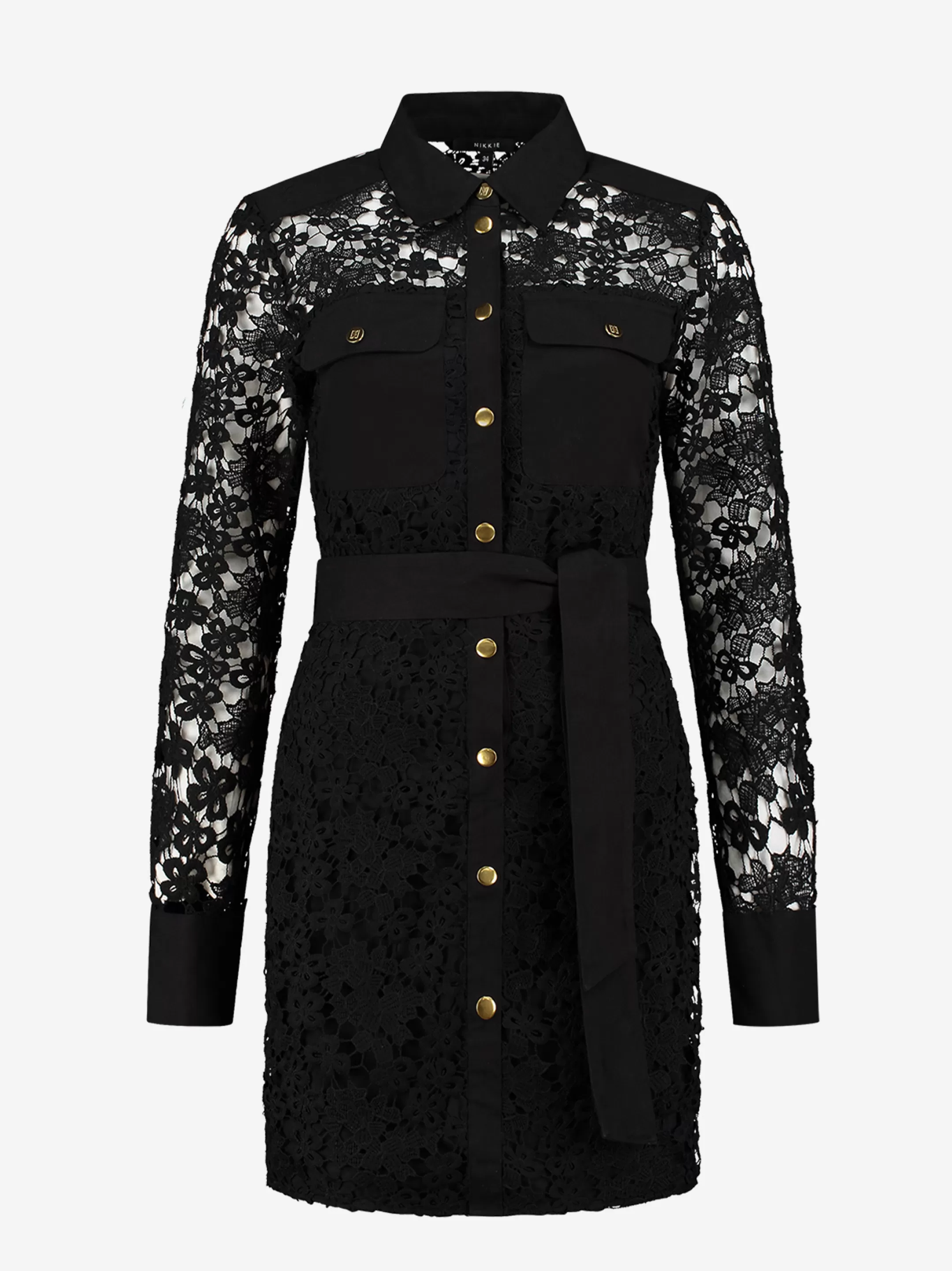 Fashion NIKKIE Lace dress with tie belt Black