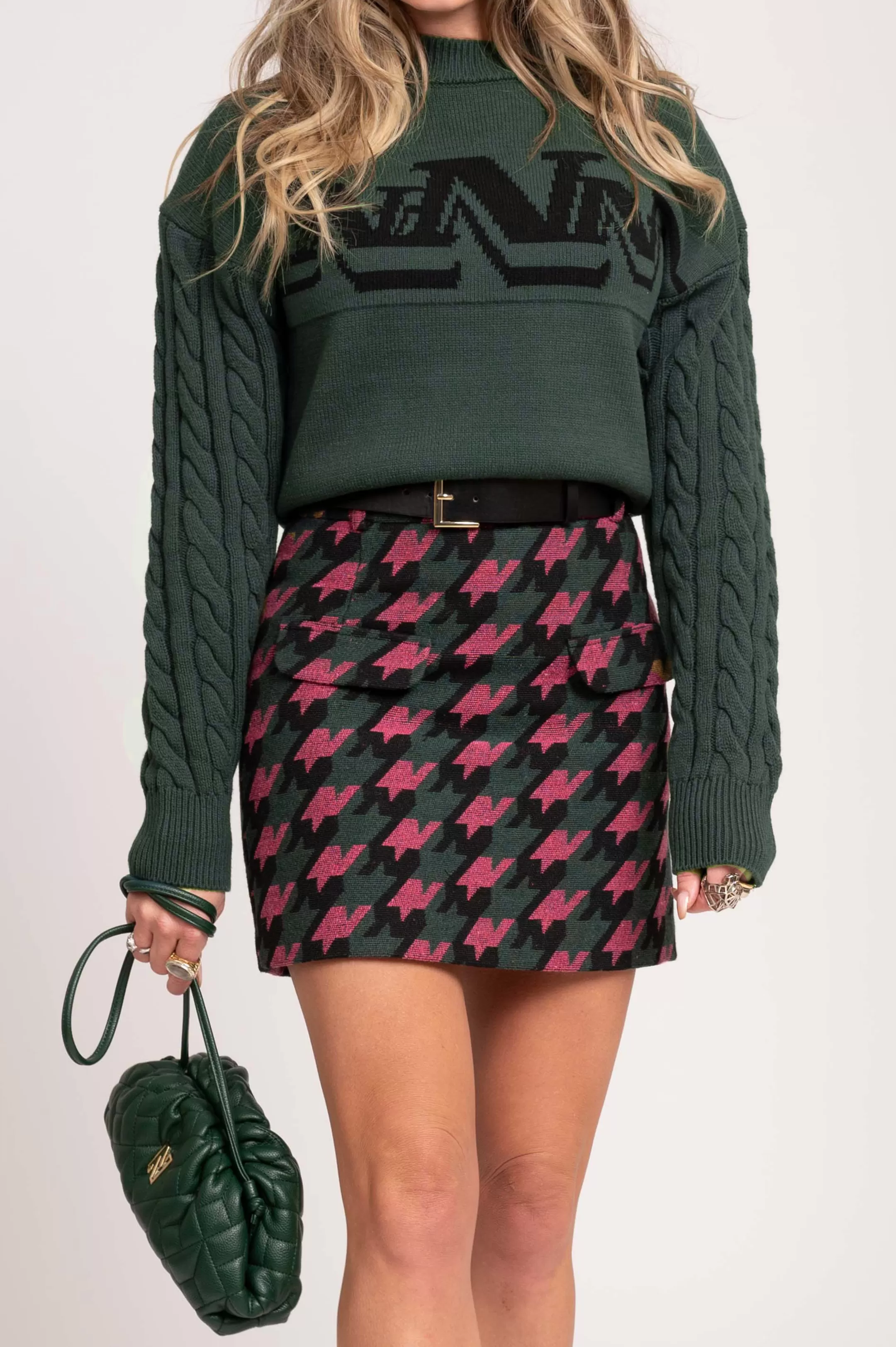 Cheap NIKKIE Pied-de-poule skirt with belt Black/Raspberry Rose