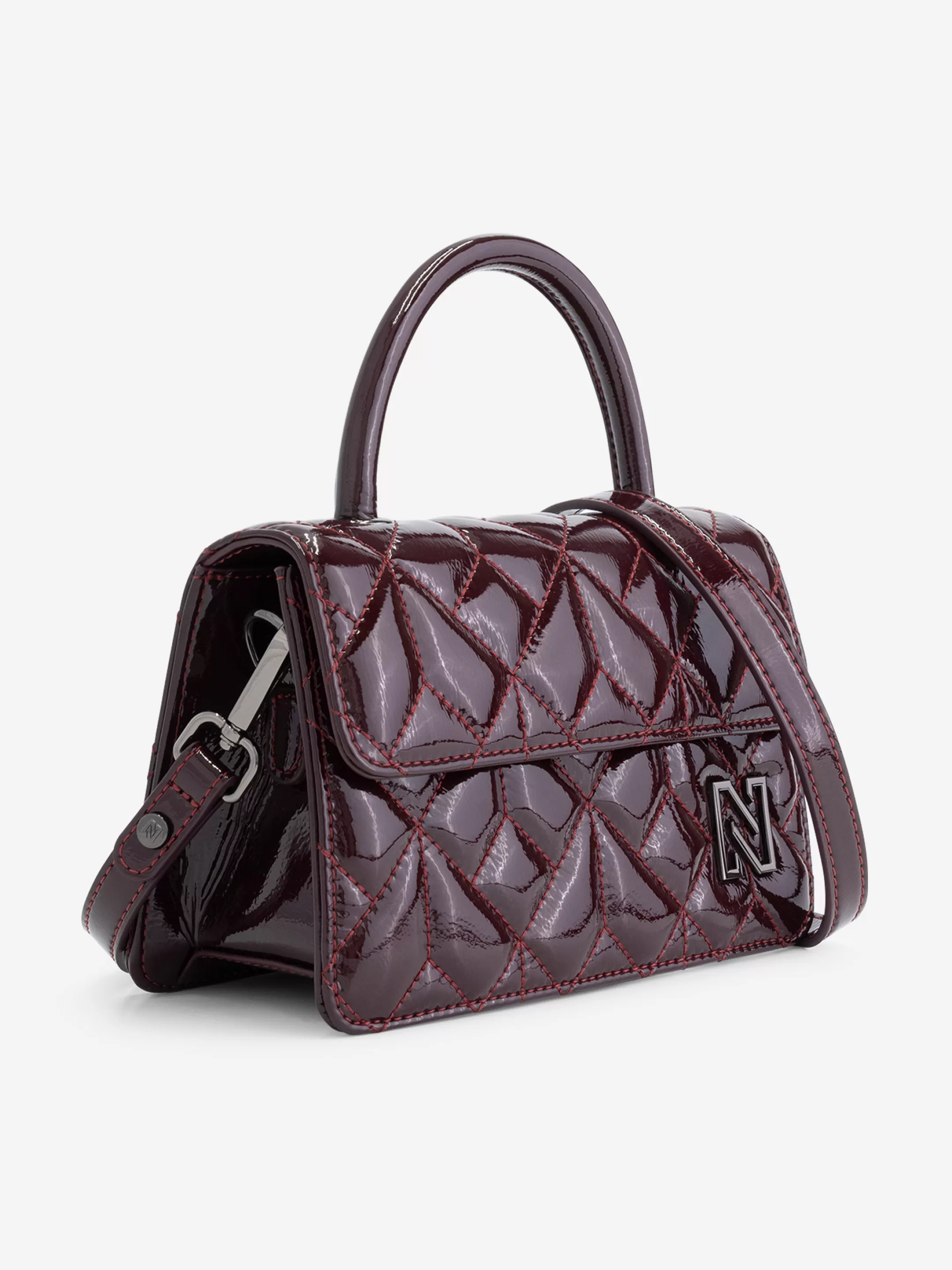 New NIKKIE Quilted lacquer handbag Deep Red/Gun Metal