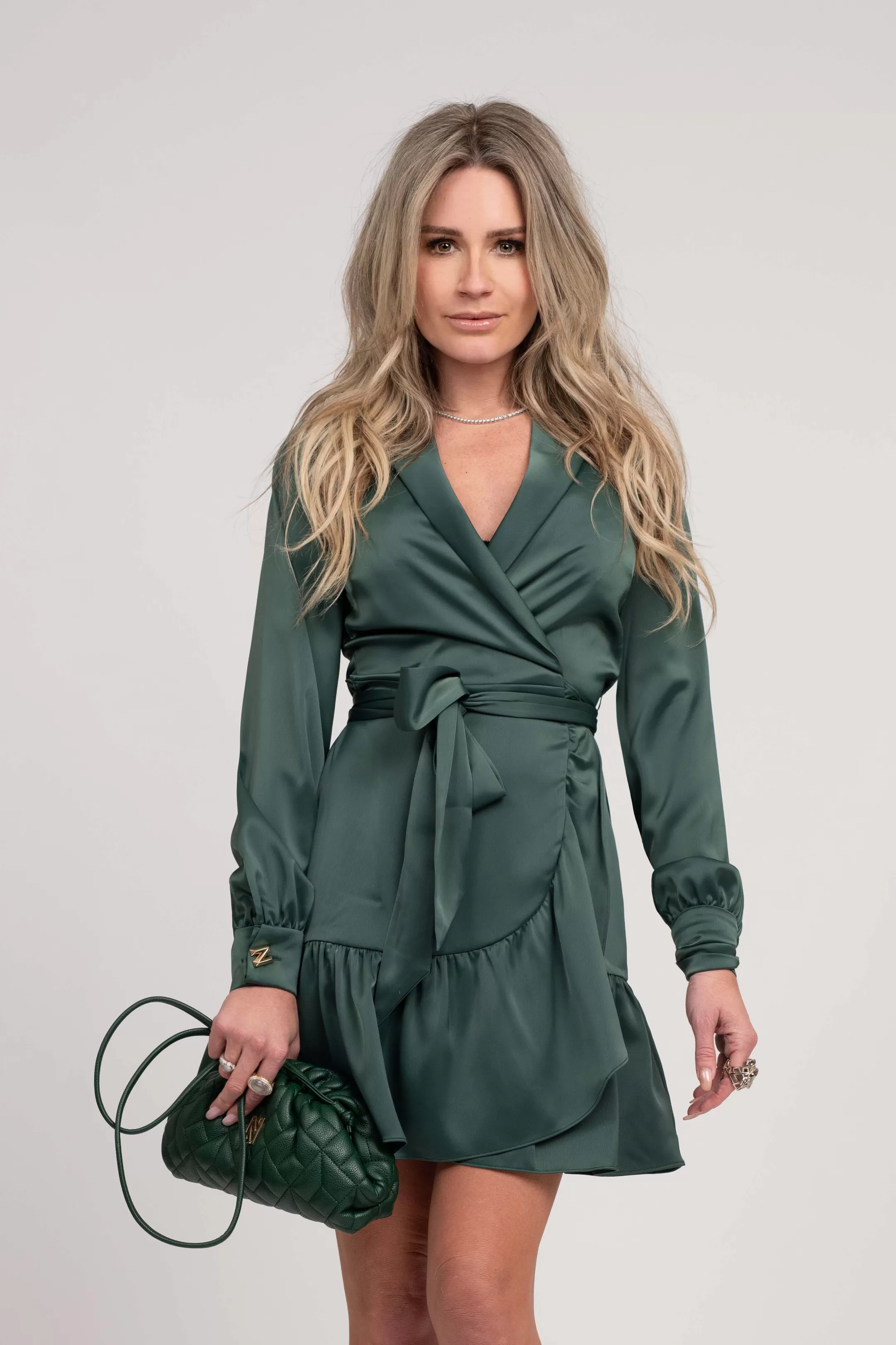 Discount NIKKIE Satin look wrap dress with tie belt Garden Green