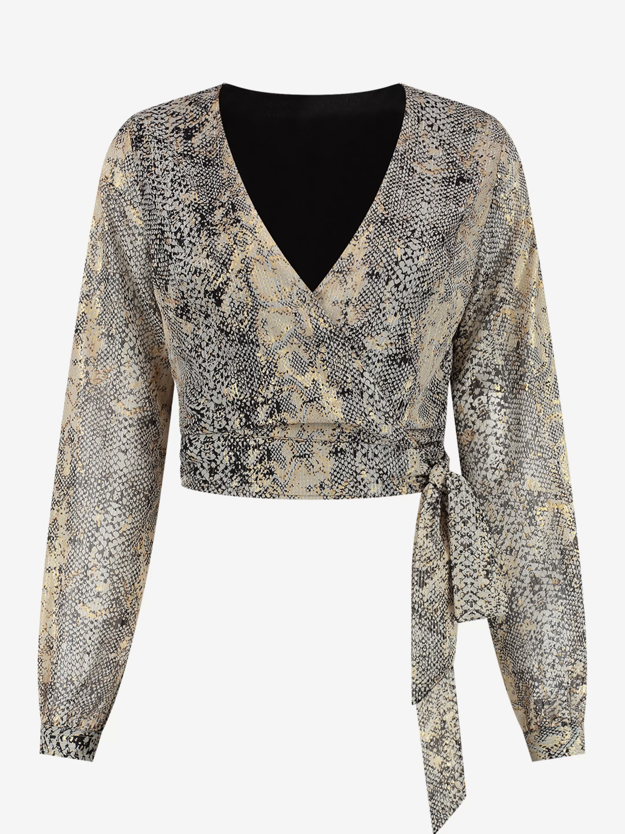 New NIKKIE Wrap top with metallic snake print Black